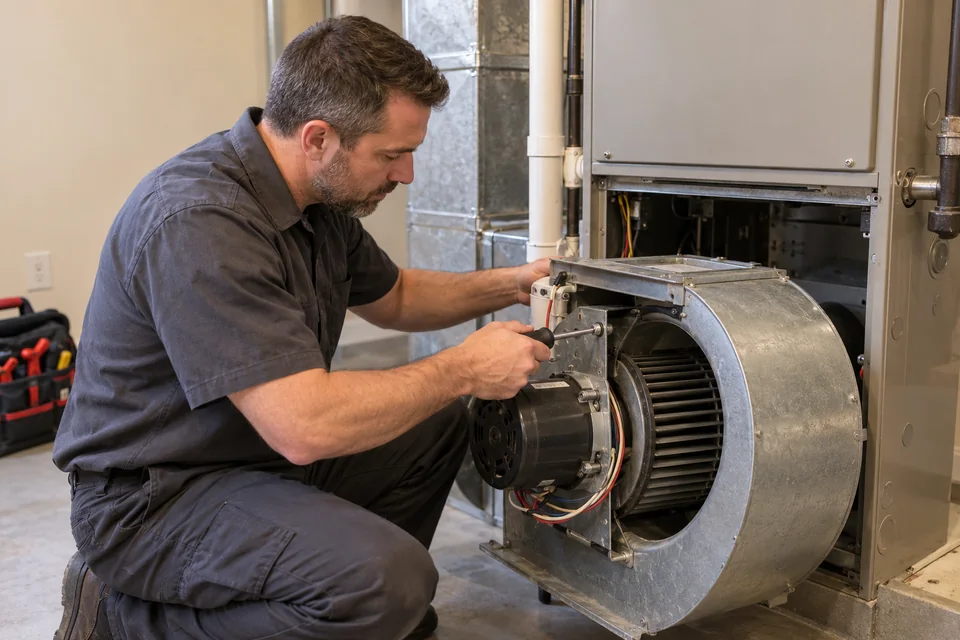 Technician using a tool to repair a furnace blower assembly
