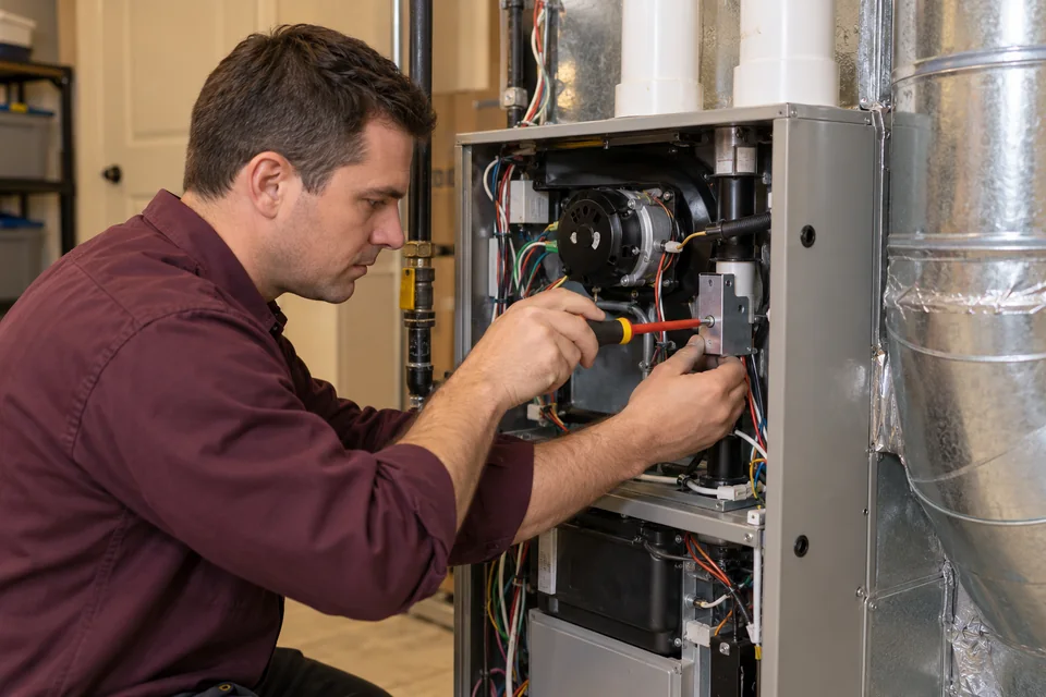 Technician working with a screwdriver in a furnace service compartment