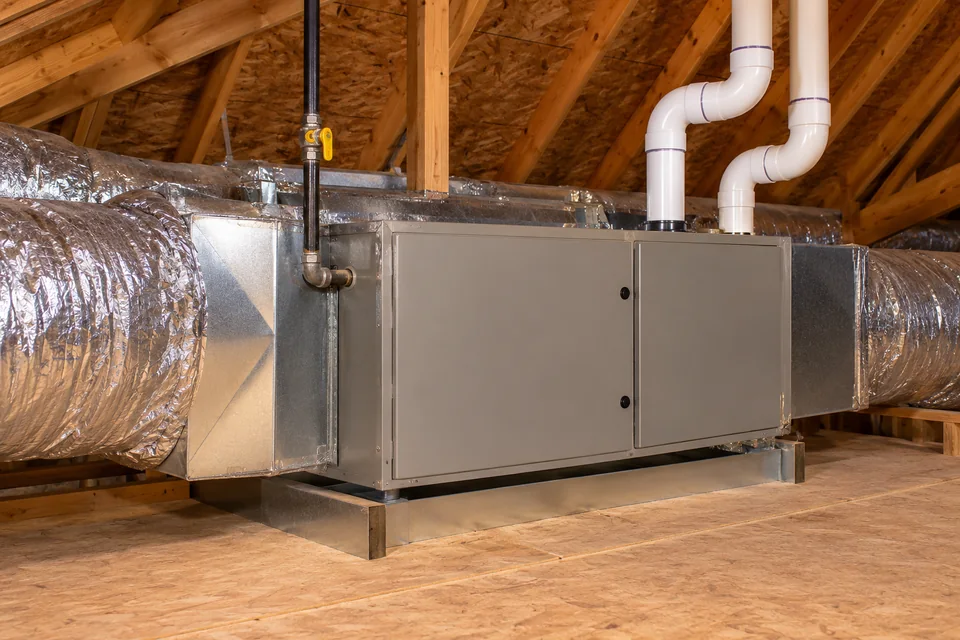Horizontal residential furnace with vent piping and connected air ducts