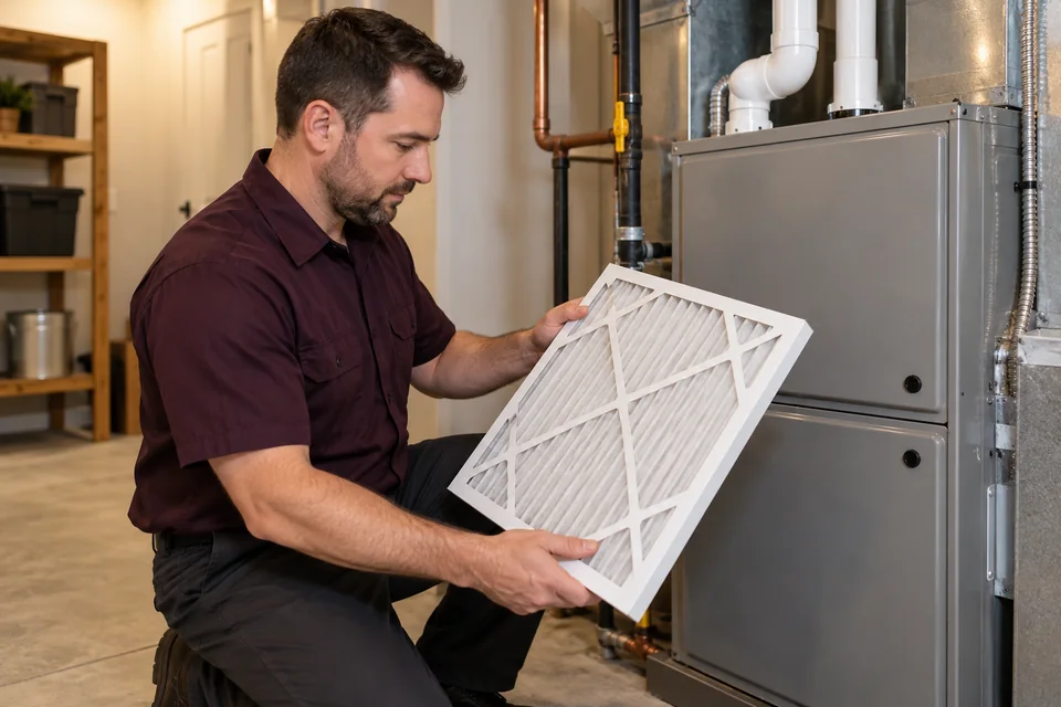 Technician examining a pleated filter beside a residential furnace