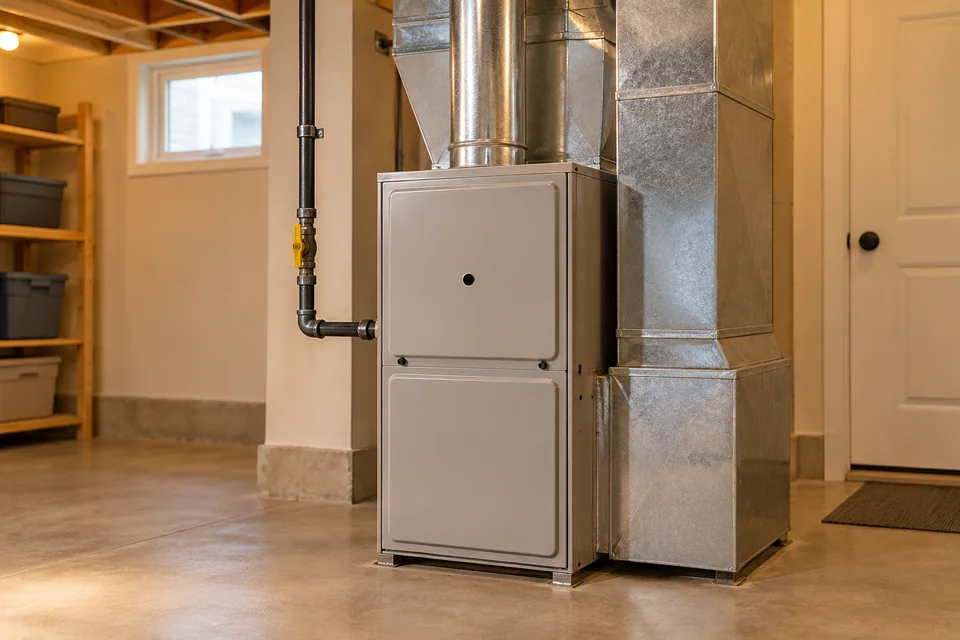 Residential furnace with a metal exhaust vent and gas supply piping