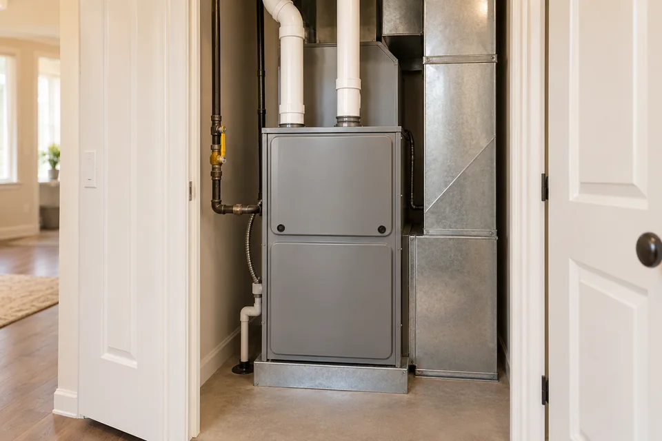 Upright residential furnace with PVC vent pipes and gas supply piping